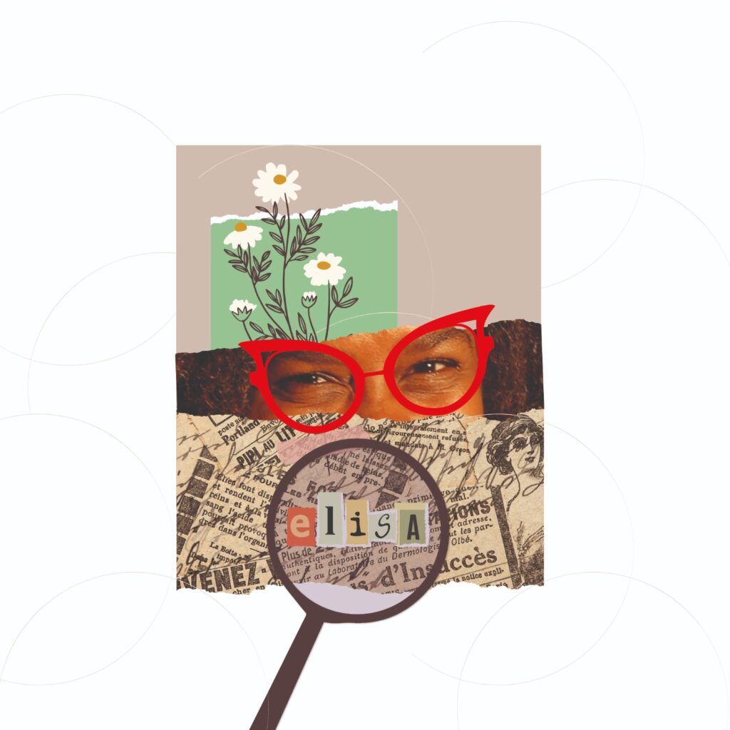 Autocolagem de Elisa Paula: Olhar feminino, autoconhecimento, flores e óculos vermelhos. Arte intuitiva.