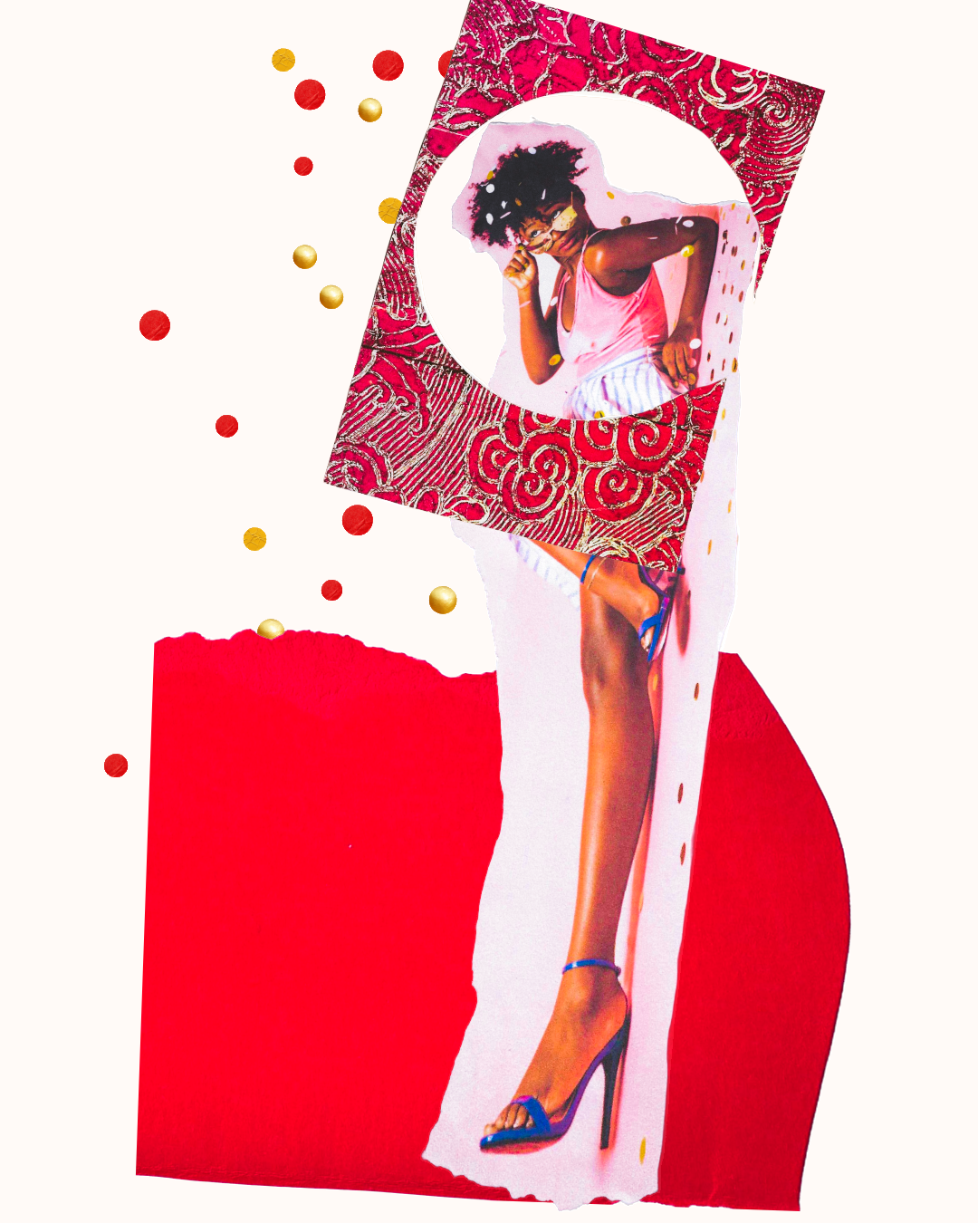 Colagem de Elisa Paula com papel vermelho rasgado e confetes